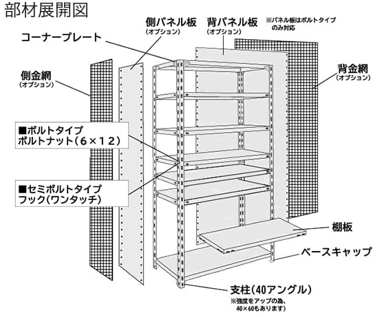 EK軽量120kg/段 アングルボルト、アングルセミボルト 部材展開図