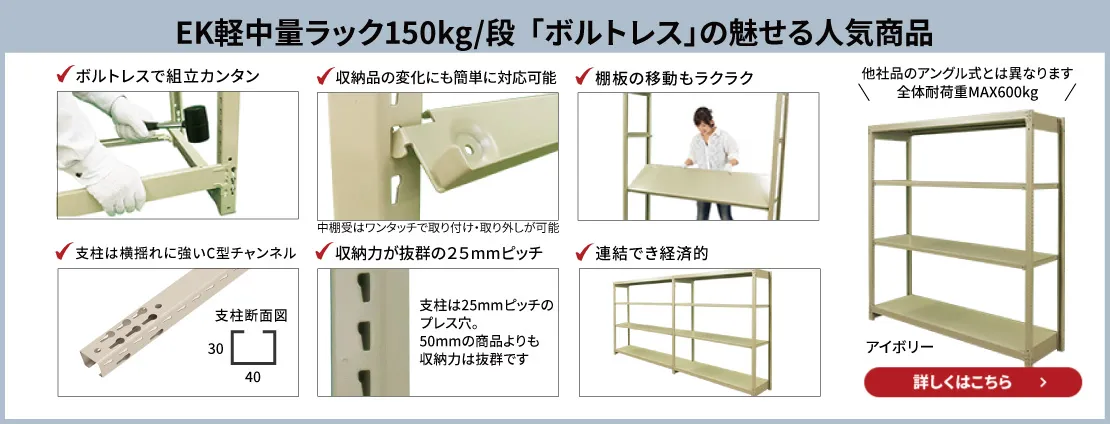 業務用スチールラック　EK軽量ラック150kg/段「ボルトレス」の魅せる人気商品
